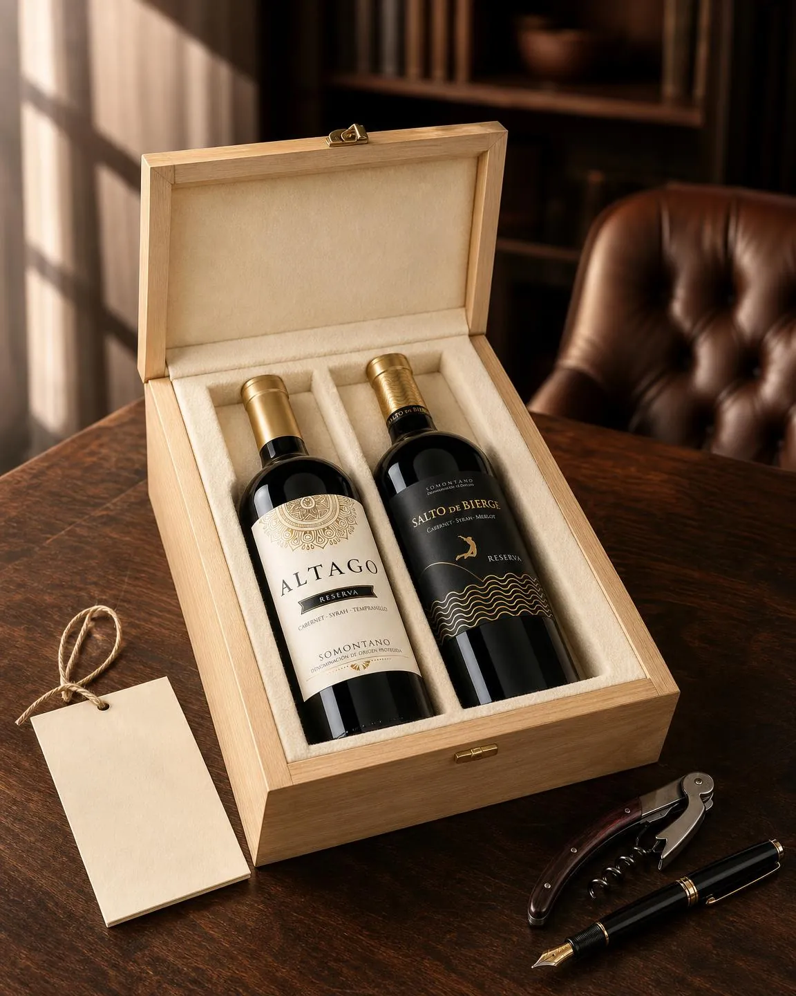Estuche de regalo de empresa abierto con dos botellas