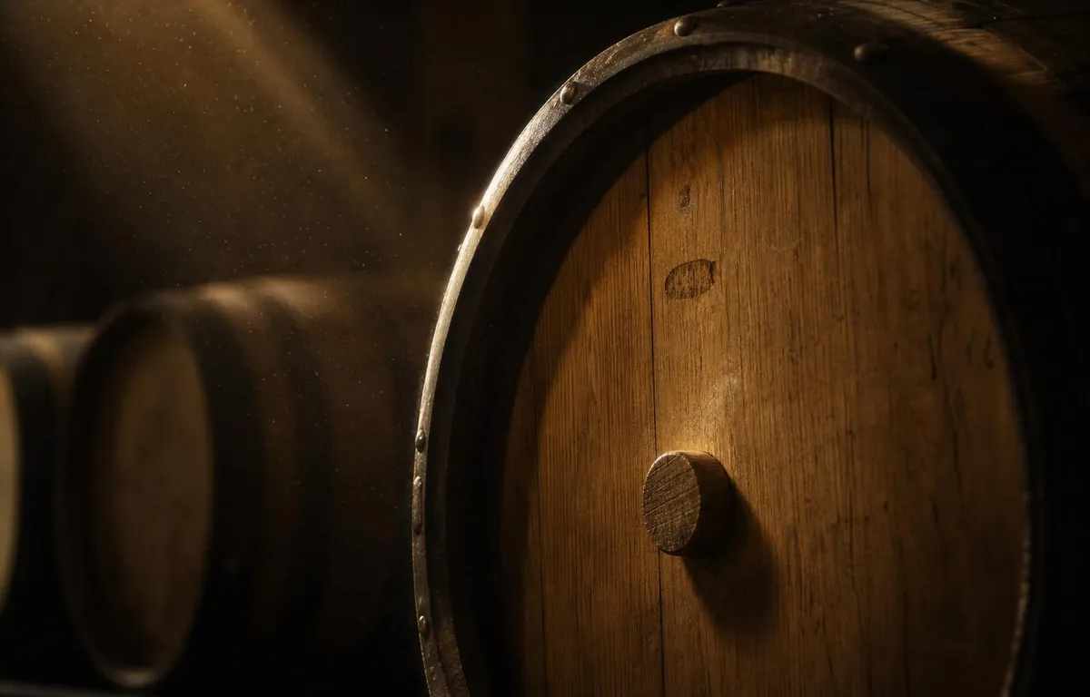 Barrica de roble francés en la sala de crianza
